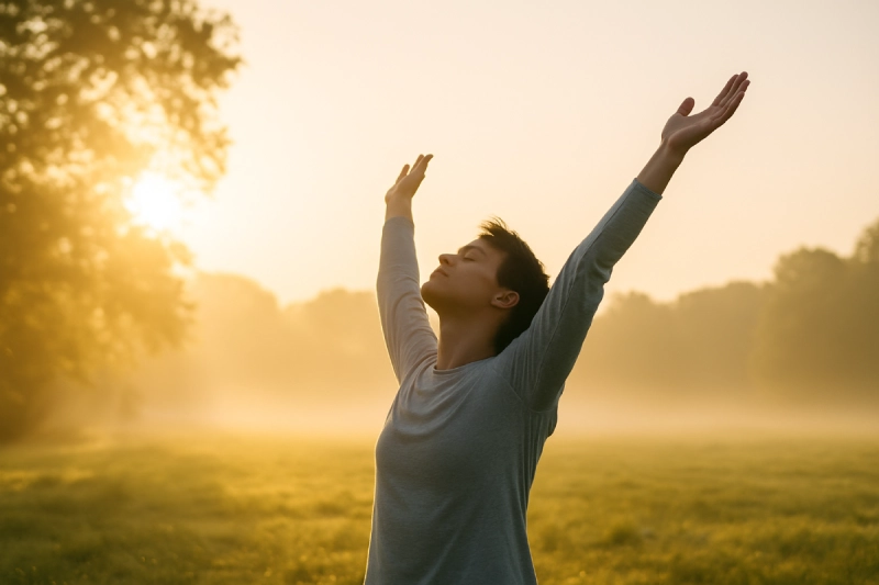 Person atmet draußen tief durch und streckt sich im Morgenlicht – Symbol für neue Energie