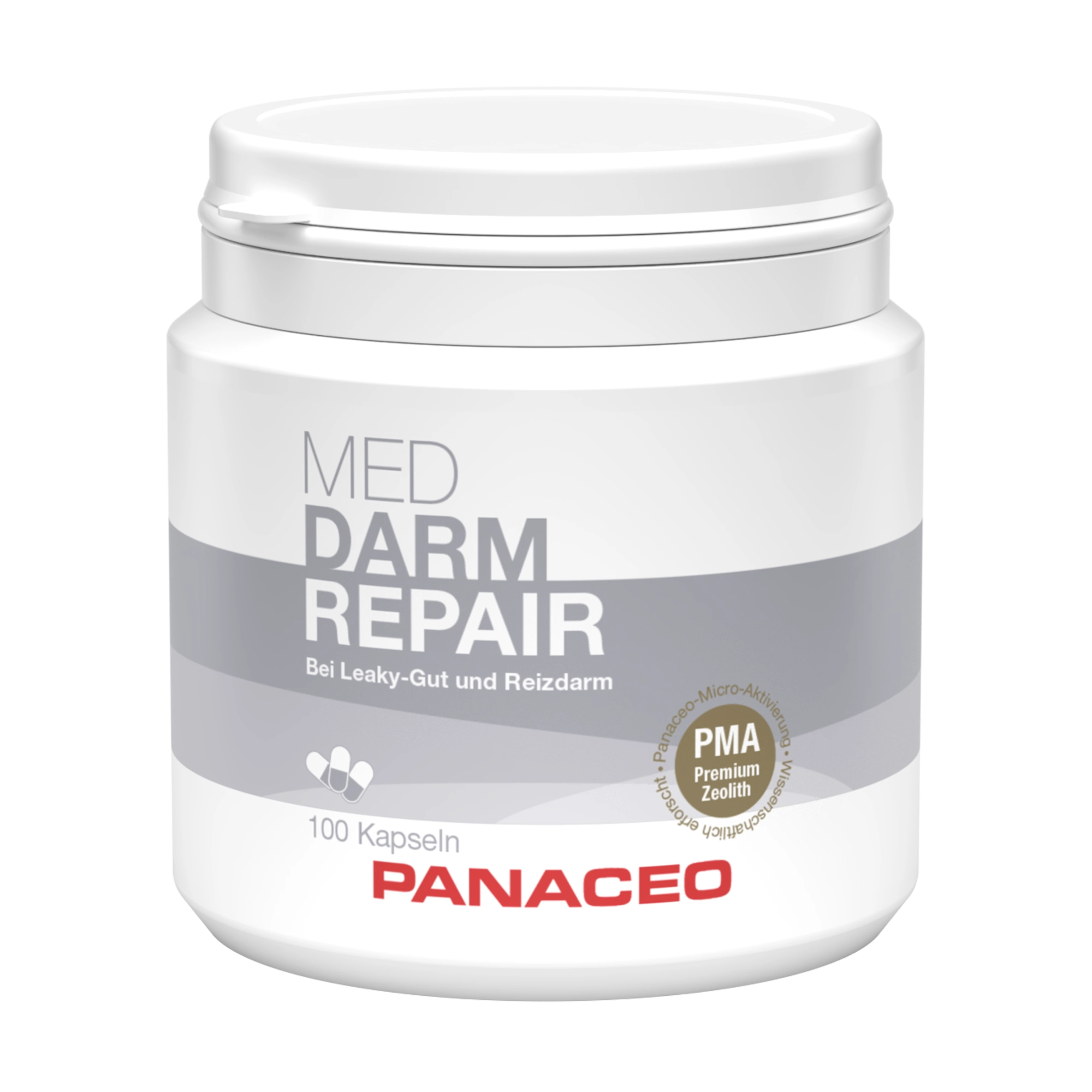 PANACEO MED DARM REPAIR Kapseln 100 Stk. – Produktdose frontal Frontal abgebildete weiße Dose PANACEO MED DARM REPAIR Kapseln 100 Stk. zur Unterstützung des Darms bei Leaky-Gut und Reizdarm