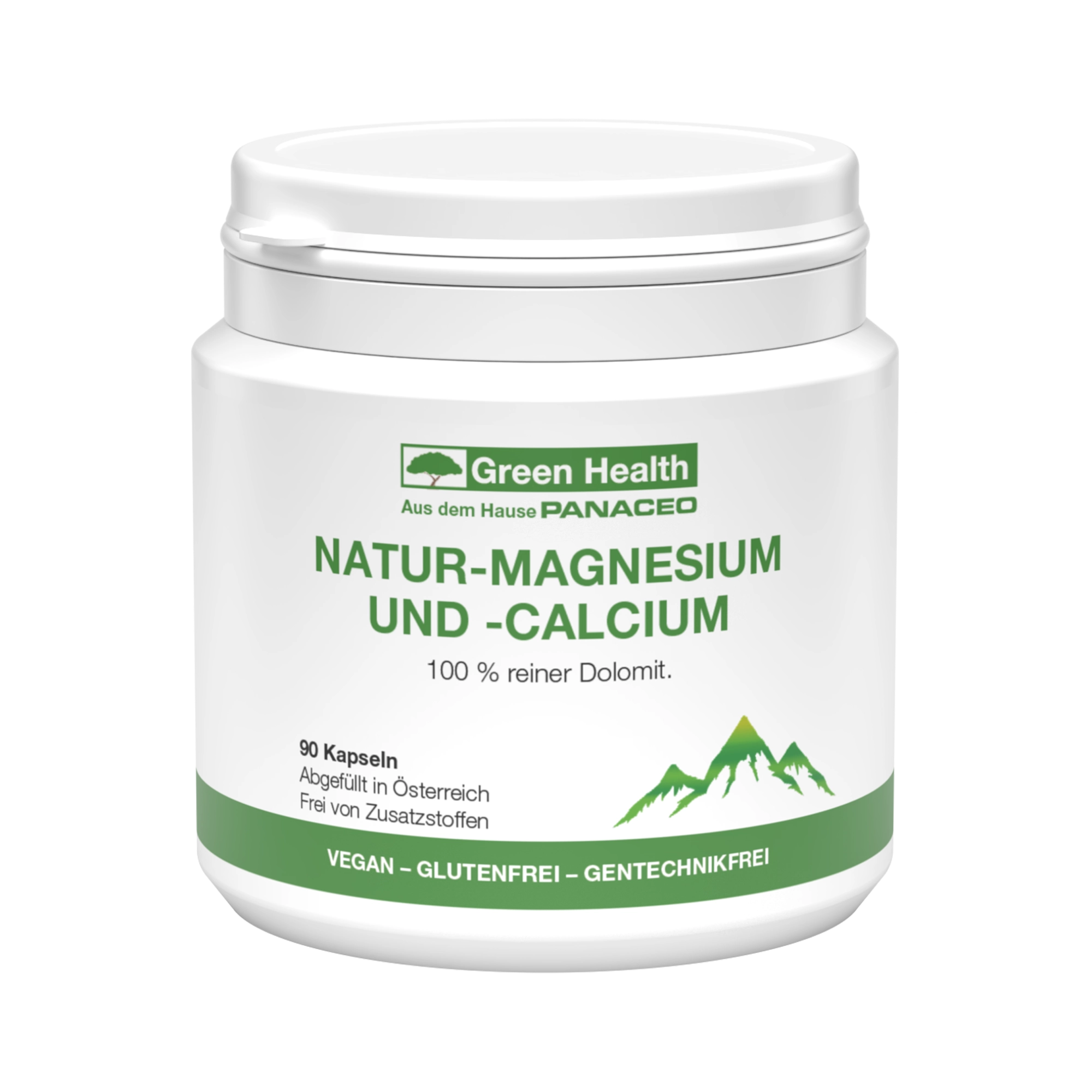 Produktabbildung Green Health Magnesium und Calcium Kapseln 90 Stk. von PANACEO, Natur-Magnesium und -Calcium aus 100 % reinem Dolomit