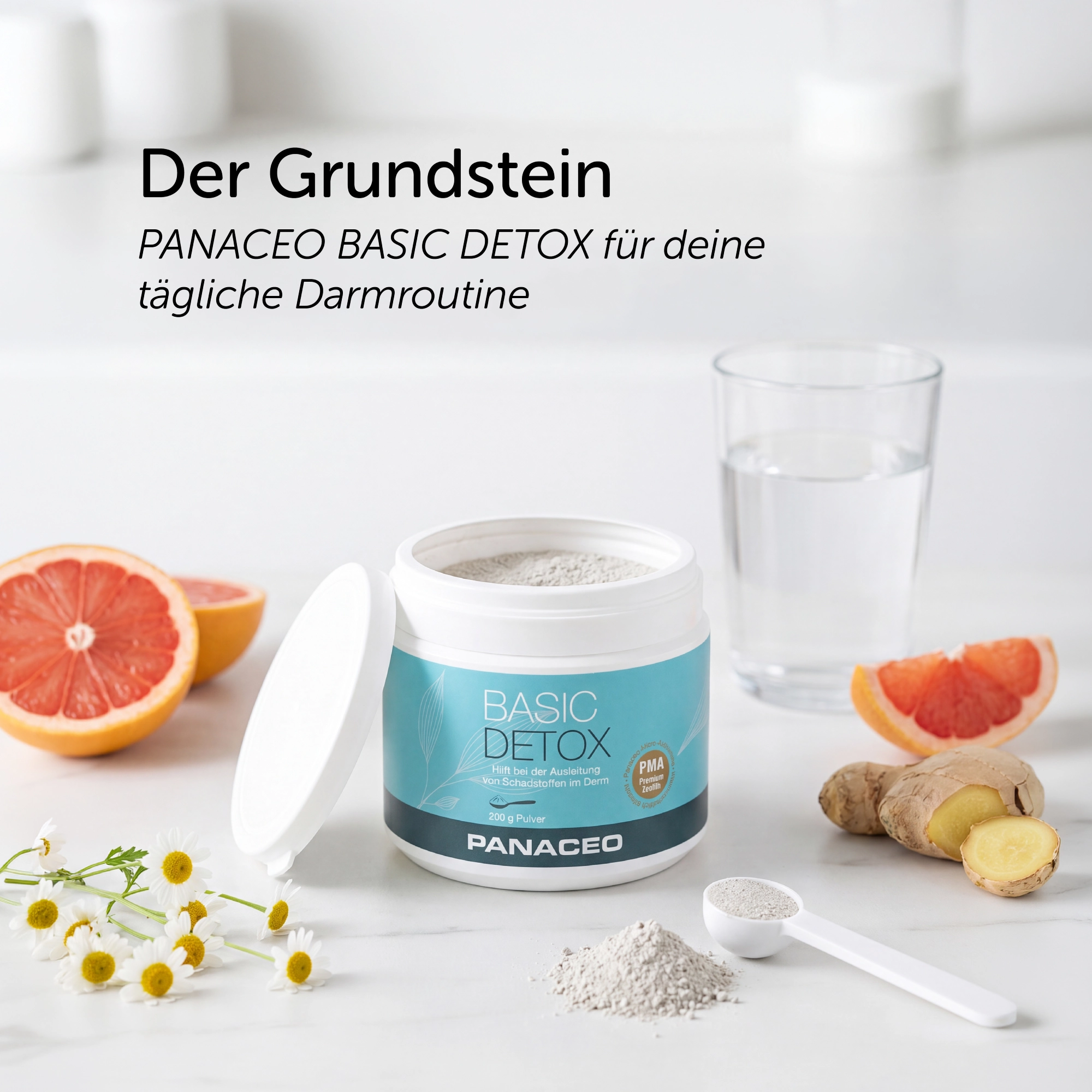 PANACEO Detox Summer Bundle – Basic Detox für die tägliche Darmroutine PANACEO Detox Summer Bundle mit Basic Detox Pulver, Wasserglas, Grapefruit, Ingwer und Kamille für die tägliche Darmroutine