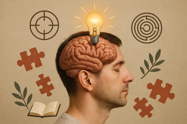 Gedächtnis und Konzentration stärken Mann mit geschlossenen Augen, sichtbares Gehirn und Symbolen wie Glühbirne, Puzzle und Zielscheibe zur Darstellung von Gedächtnis- und Konzentrationsstärkung