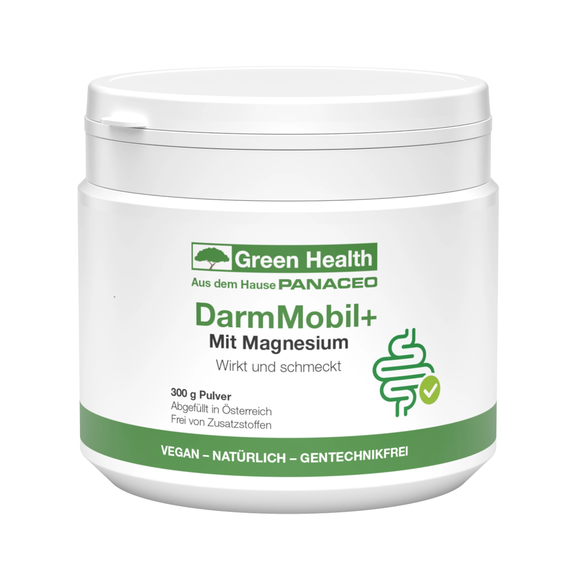 Green Health DarmMobil+ Pulver 300g von PANACEO – Magnesium für eine regelmäßige Verdauung Weiße Dose Green Health DarmMobil+ Pulver 300g von PANACEO mit Magnesium zur Unterstützung einer regelmäßigen Verdauung und für mehr Wohlbefinden