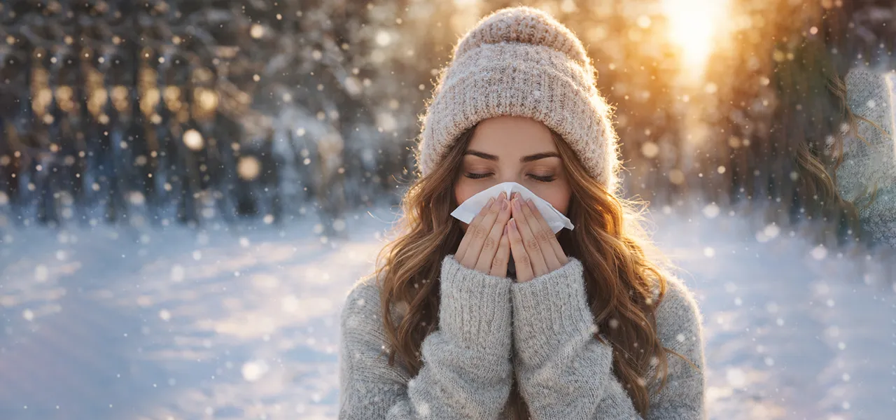 Erkältete Frau im Winter – geschwächtes Immunsystem während der Grippewelle
