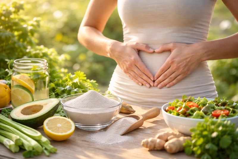 Frau legt die Hände auf den Bauch, vor ihr frisches Frühlingsobst und -gemüse wie Erdbeeren, Spargel, Beeren und Radieschen als Symbol für Darmgesundheit und Detox im Frühjahr.