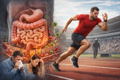 Darmgesundheit als Schlüssel zur sportlichen Leistungsfähigkeit Athlet sprintet im Stadion neben illustrativer Darstellung des Darms mit geschädigter Darmbarriere, eindringenden Schadstoffen und erschöpften Personen im Vordergrund