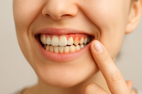 Parodontose erkennen: Entzündetes Zahnfleisch als Warnsignal Nahaufnahme eines Lächelns mit entzündetem Zahnfleisch – Anzeichen von Parodontose