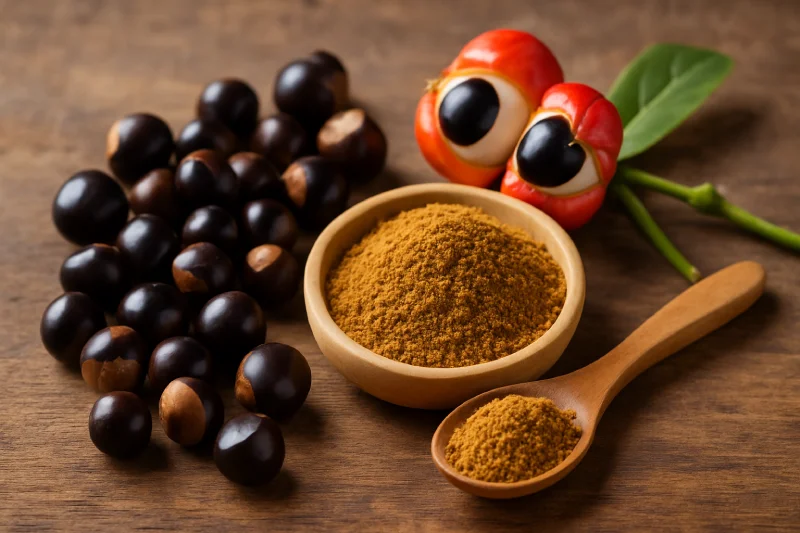 Guarana – Natürliche Energie für Konzentration und geistige Wachheit Guarana-Früchte, Samen und Pulver als natürliche Energiequelle für Konzentration und Wachheit