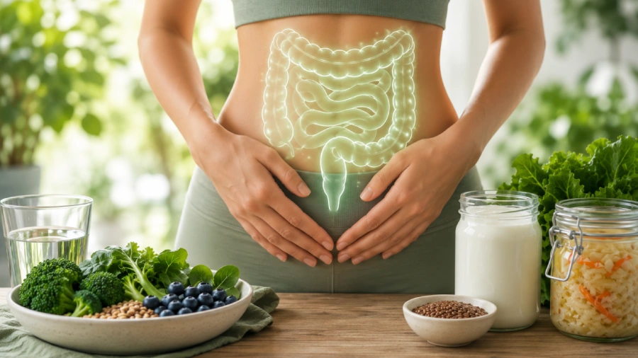 Darmreinigung: natürliche Wege und die Rolle von PMA-Zeolith Frau mit eingeblendeter Darmgrafik, umgeben von Joghurt, Sauerkraut, Leinsamen, Brokkoli und Beeren als Symbol für Probiotika und Darmgesundheit