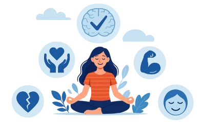 Seelische Resilienz stärken – innere Balance und emotionale Stärke Illustration einer Frau beim Meditieren mit Symbolen für seelische Resilienz