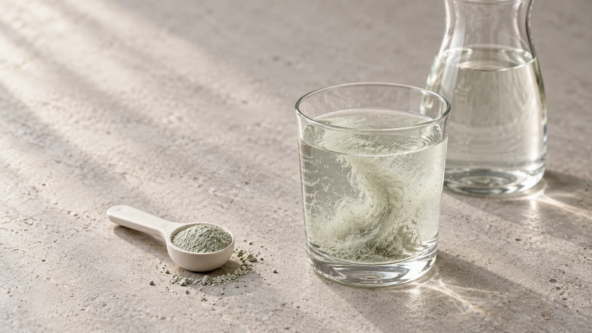 Glas Wasser mit eingerührtem Zeolith-Pulver und daneben ein Portionslöffel mit abgestrichener Menge auf hellem Stein