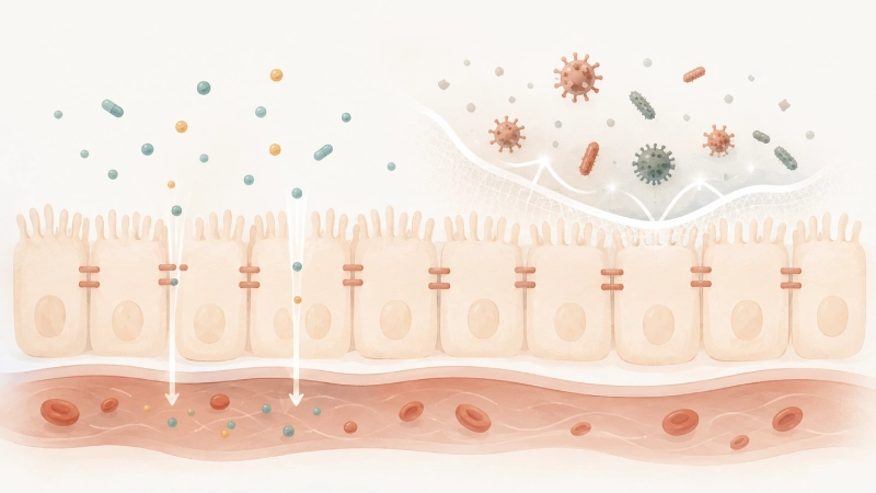 Illustrazione della barriera intestinale come filtro: i nutrienti passano, sostanze nocive e agenti patogeni vengono trattenuti