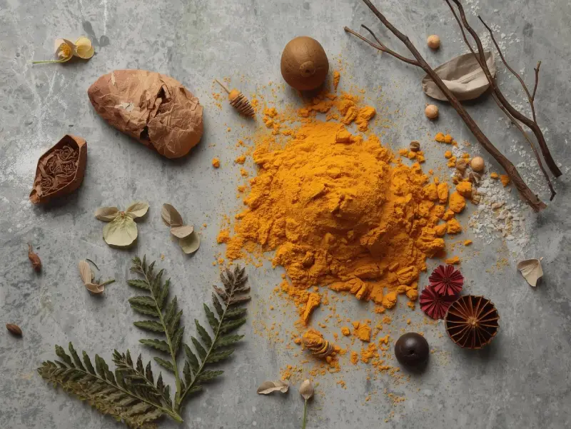 Turmeric powder and frankincense with natural decorative elements as natural energy boosters