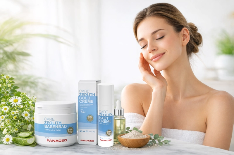 Frau mit gepflegter Haut neben natürlichen Panaceo Zeolith-Hautpflegeprodukten in ruhiger, heller Umgebung