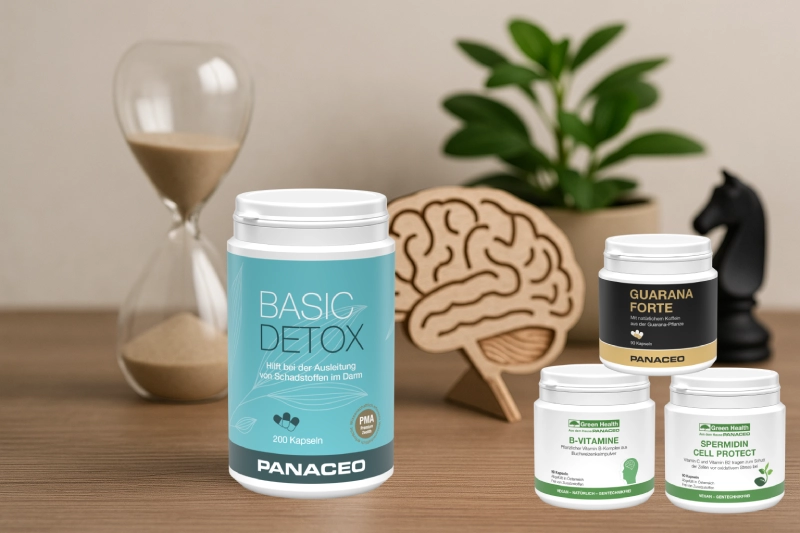 PANACEO Basic Detox und Ergänzungen – Natürliche Unterstützung für Gedächtnis und Konzentration Produktabbildungen von Basic Detox und weiteren PANACEO Präparaten vor Dekorationen zu Gedächtnis und Konzentration