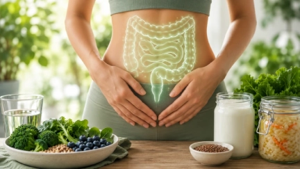 Gut Cleansing: Natural Approaches and the Role of PMA Zeolite Close-up of a woman with a glowing intestinal graphic on her abdomen, surrounded by yoghurt, fermented vegetables, berries and broccoli as a symbol of gut health