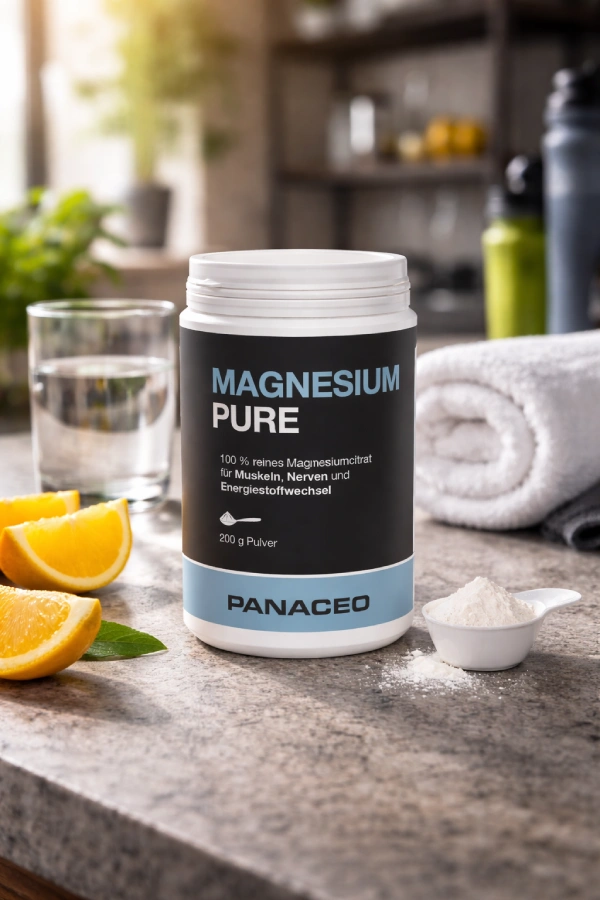 Magnesium-Supplement zur Unterstützung von Muskeln, Nerven und Energiehaushalt Magnesium-Pulver in Dose auf Steinoberfläche mit Glas Wasser, Orangenscheiben und Messlöffel in heller Fitness-Umgebung