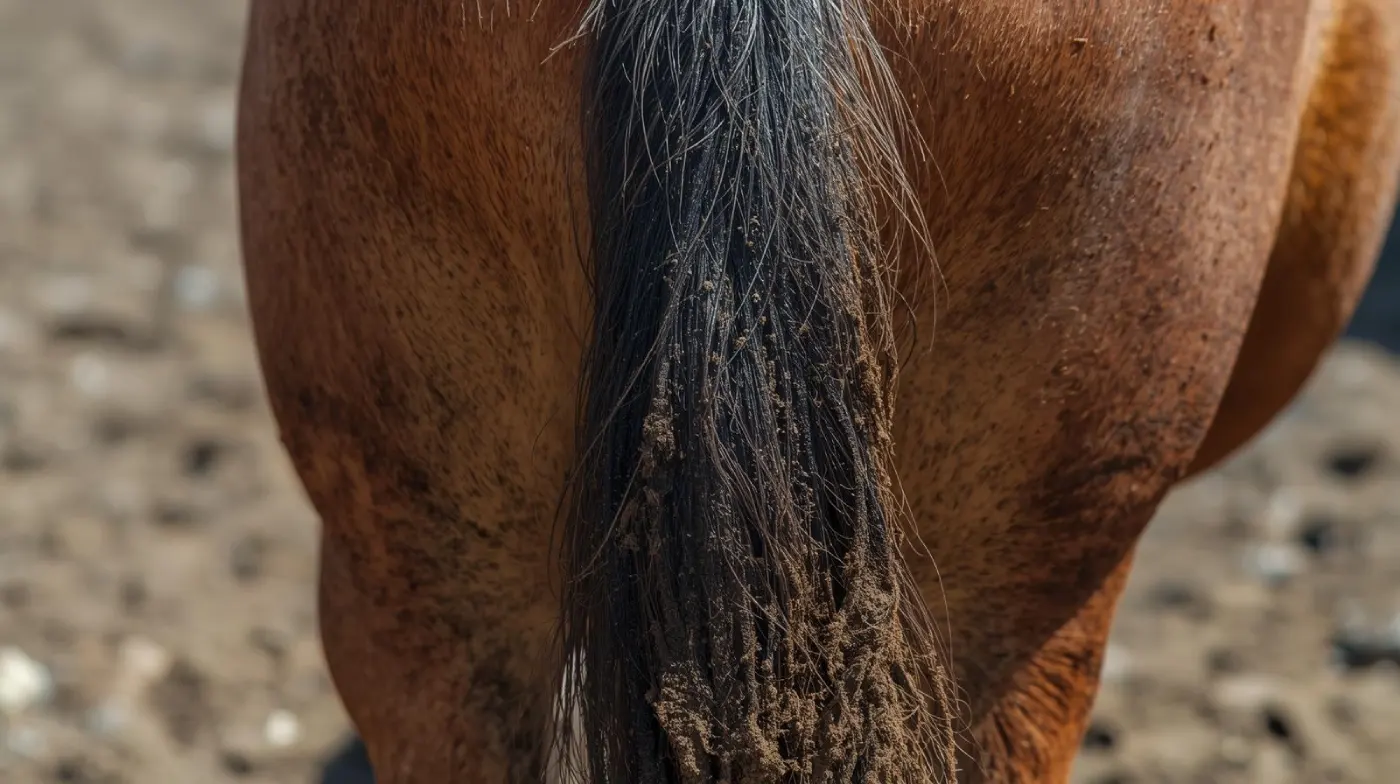 Pferd mit verschmutzter Schweifrübe Pferd mit verschmutzter Schweifrübe als typisches Anzeichen bei Kotwasser