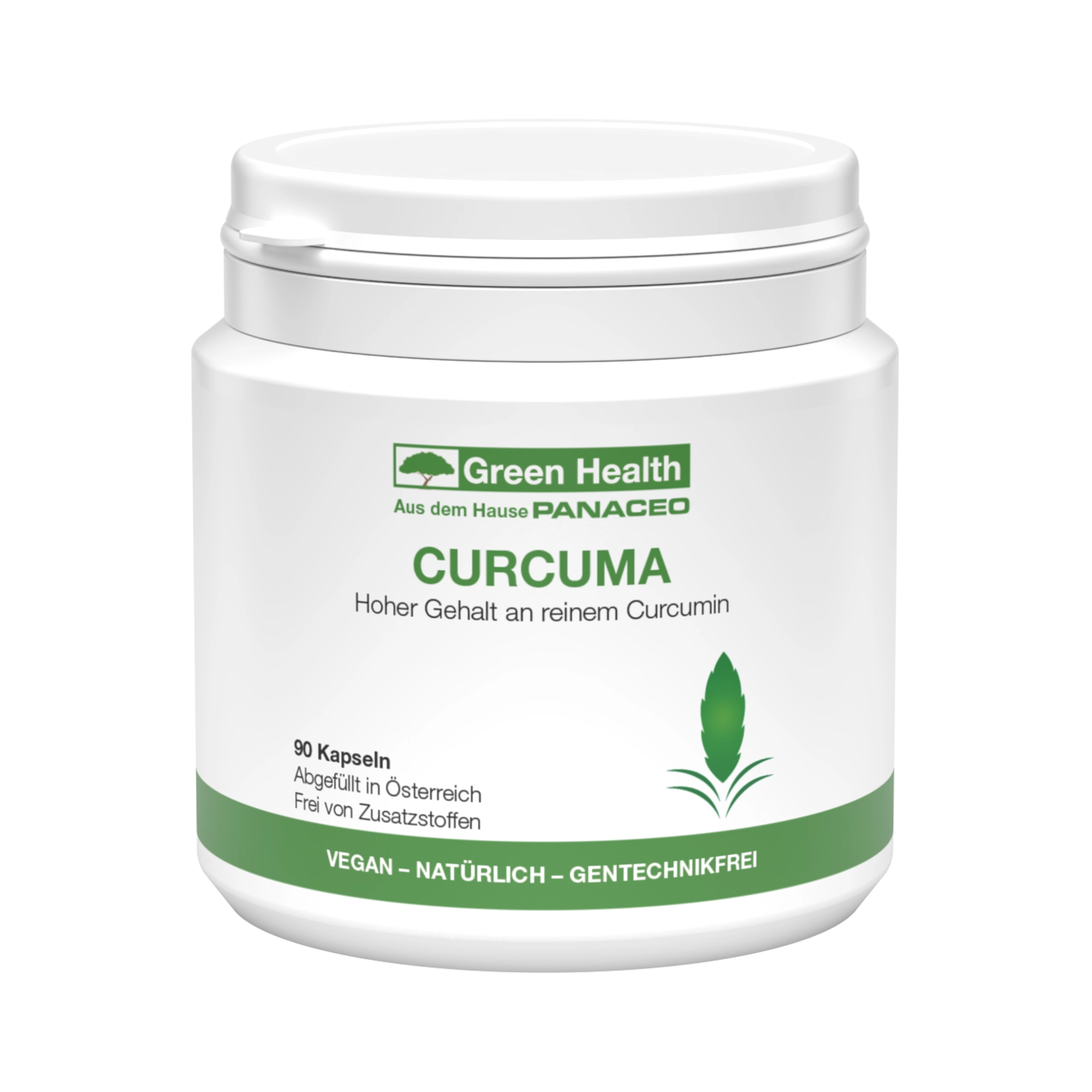 Green Health CURCUMA Kapseln 90 Stk. von PANACEO – hochdosiertes Curcumin Weiße Dose Green Health CURCUMA Kapseln 90 Stk. von PANACEO mit hochdosiertem Curcumin