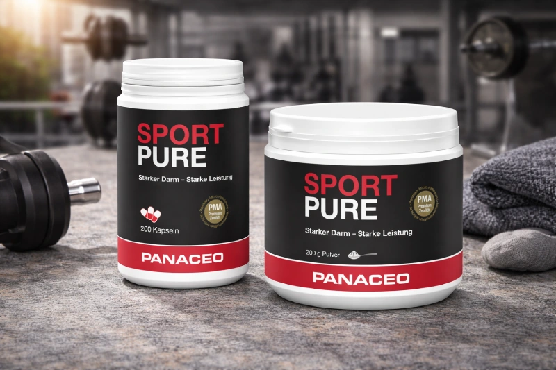 PANACEO Sport Pure Kapseln und Pulver in sportlicher Trainingsumgebung title: