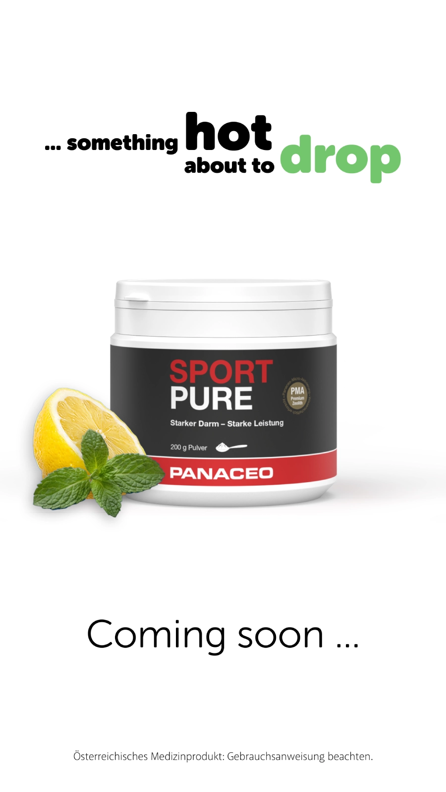 PANACEO SPORT PURE Pulver mit Zitrone und Minze – Coming soon Produktbild von PANACEO SPORT PURE, 200 g Pulver, mit Zitrone und Minze sowie Hinweis auf baldige Verfügbarkeit