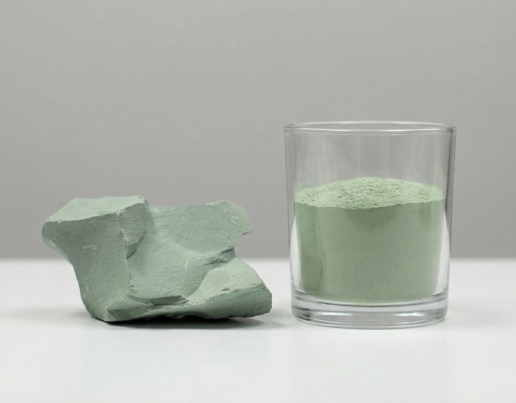 PMA-Zeolith: Natürliches Pulver zur Darmentgiftung und Darmbarriere-Stärkung Glas mit PMA-Zeolith-Pulver neben einem natürlichen Zeolith-Stein auf hellem Hintergrund