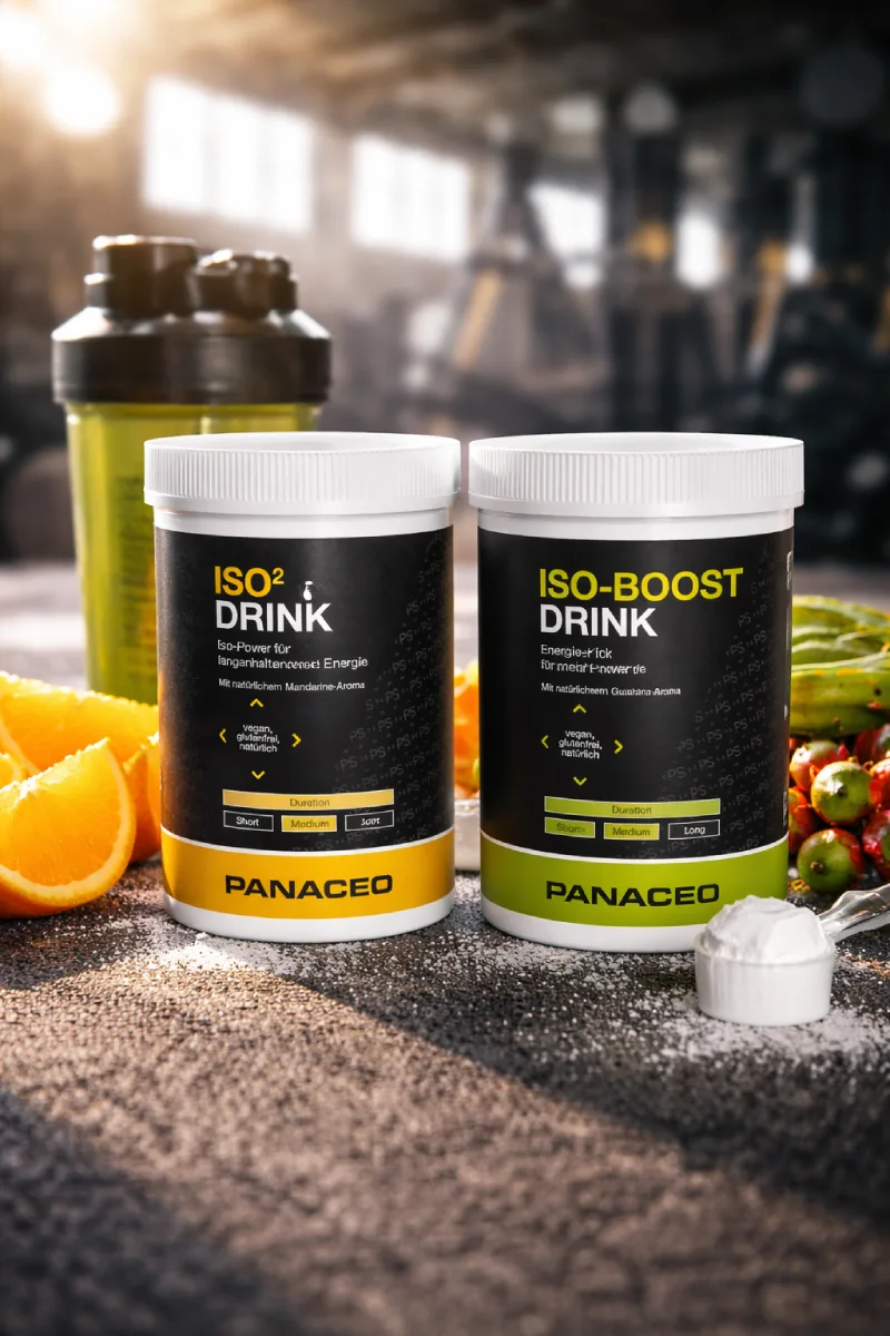PANACEO ISO² Drink und ISO-Boost – Energie, Power und Ausdauer für intensive Belastungen Zwei PANACEO Sportgetränke ISO² Drink und ISO-Boost Drink vor Fitnessstudio-Kulisse mit Früchten und Shaker zur Unterstützung von Energie und Ausdauer