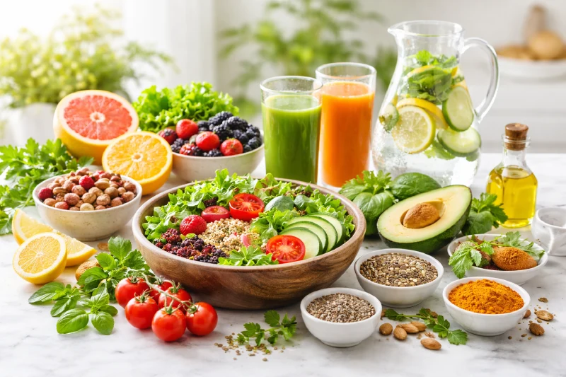 Gesunde Ernährung für eine strahlende Haut Ausgewogene Auswahl an frischem Obst, Gemüse, pflanzlichen Ölen und Getränken für eine hautbewusste Ernährung