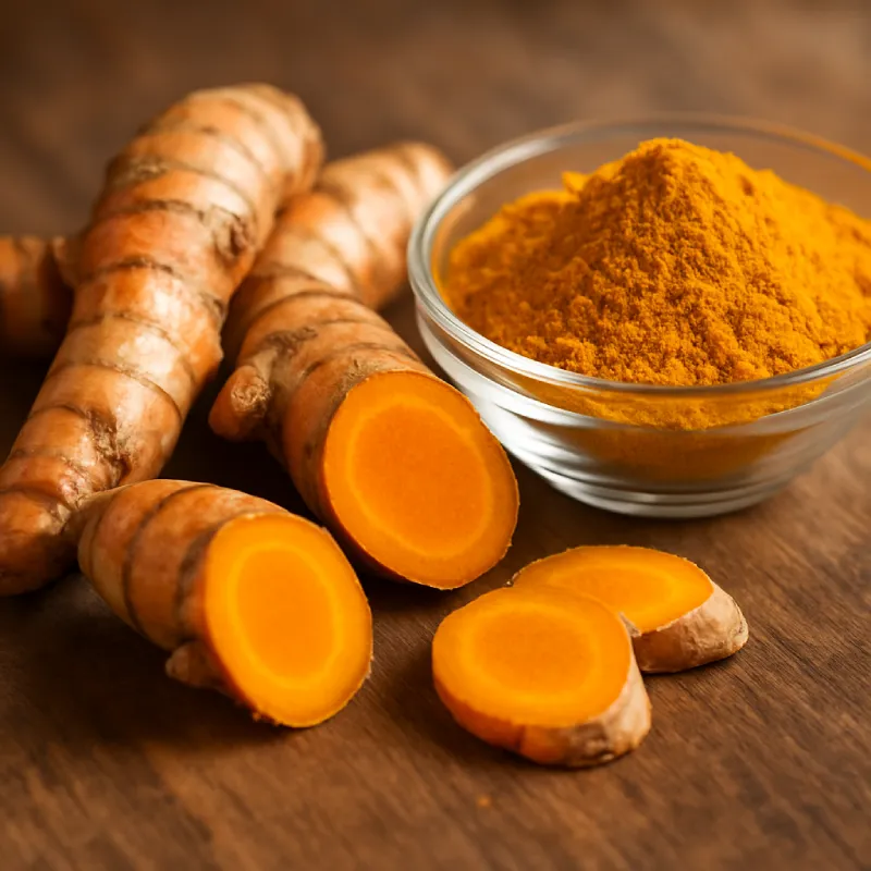 Frische Curcuma-Wurzeln und leuchtend gelbes Curcuma-Pulver als Symbol für Gedächtnis- und Gehirnschutz