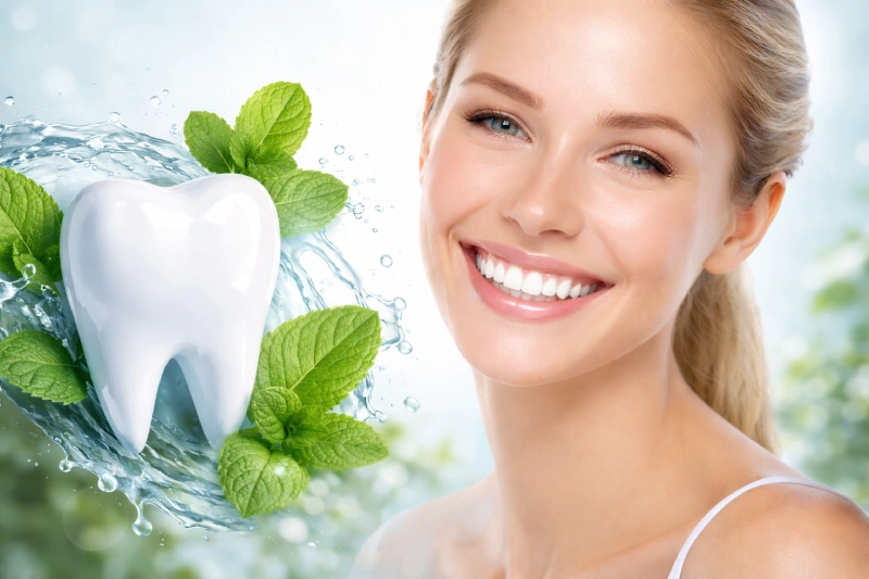 Gesunde Zähne und Zahnfleisch mit CARE Zeolith-Creme Frau mit strahlendem Lächeln als Hinweis auf gesunde Zähne und Zahnfleisch