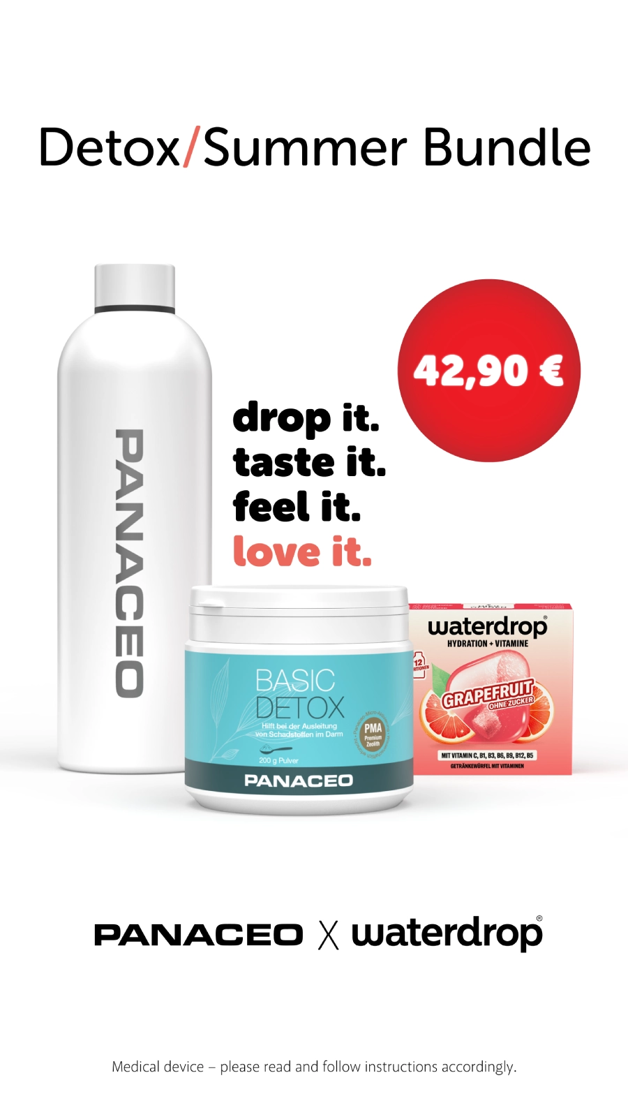Detox/Summer Bundle by PANACEO x waterdrop with water bottle, Basic Detox powder and Grapefruit Microdrink for €42.90 Promotional image of the Detox/Summer Bundle by PANACEO x waterdrop with white water bottle, Basic Detox powder, Grapefruit Microdrink and price €42.90