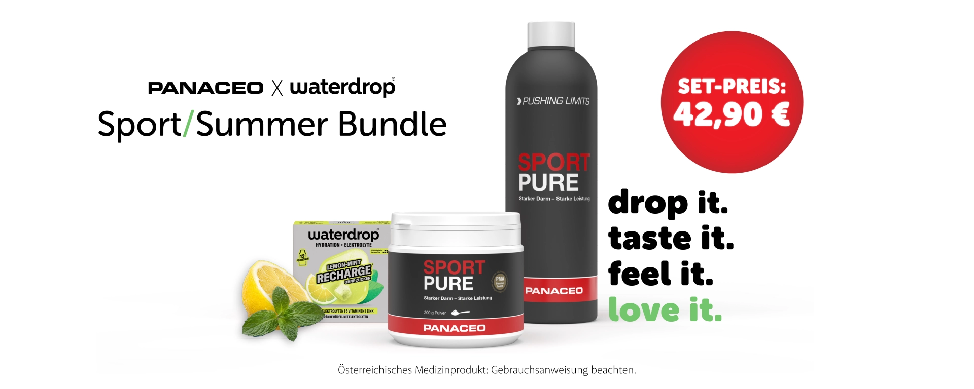 PANACEO x waterdrop Sport/Summer Bundle mit SPORT PURE, Trinkflasche und Lemon-Mint RECHARGE Werbebild zum PANACEO x waterdrop Sport/Summer Bundle mit SPORT PURE Dose, schwarzer Trinkflasche, Lemon-Mint RECHARGE und Set-Preis 42,90 €