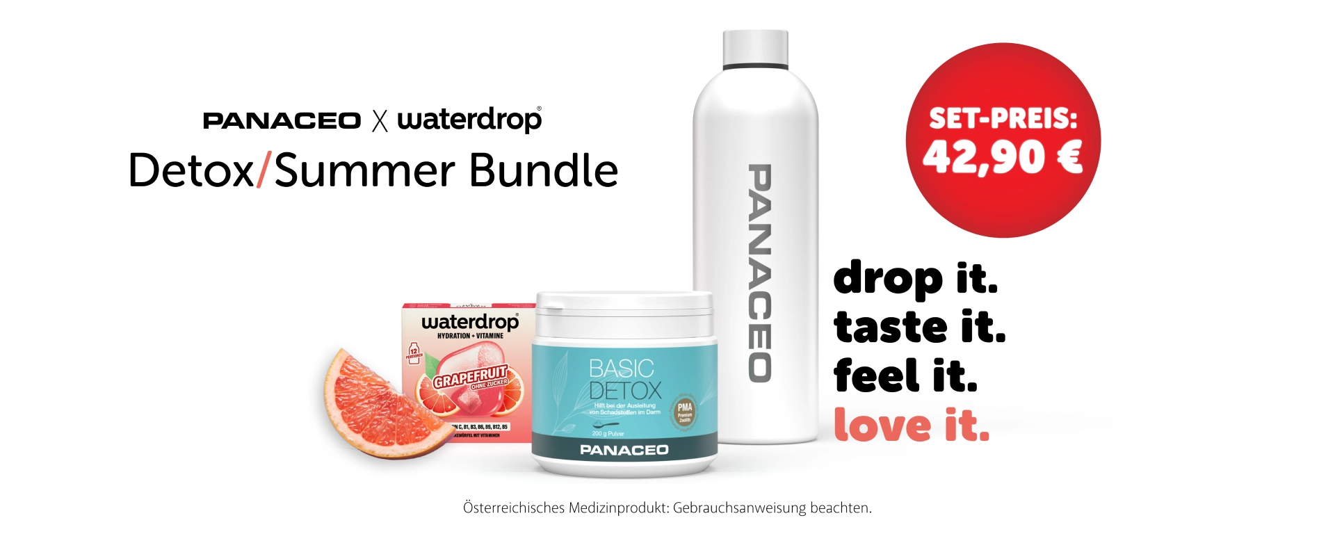 PANACEO x waterdrop Detox/Summer Bundle mit Trinkflasche, Basic Detox Pulver und Grapefruit Microdrink Werbebild zum PANACEO x waterdrop Detox/Summer Bundle mit weißer Trinkflasche, Basic Detox Pulver, Grapefruit Microdrink und Set-Preis 42,90 €