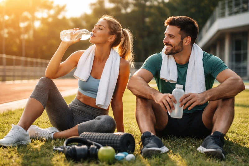 Two athletes relaxing outdoors after training while hydrating to support recovery and regeneration