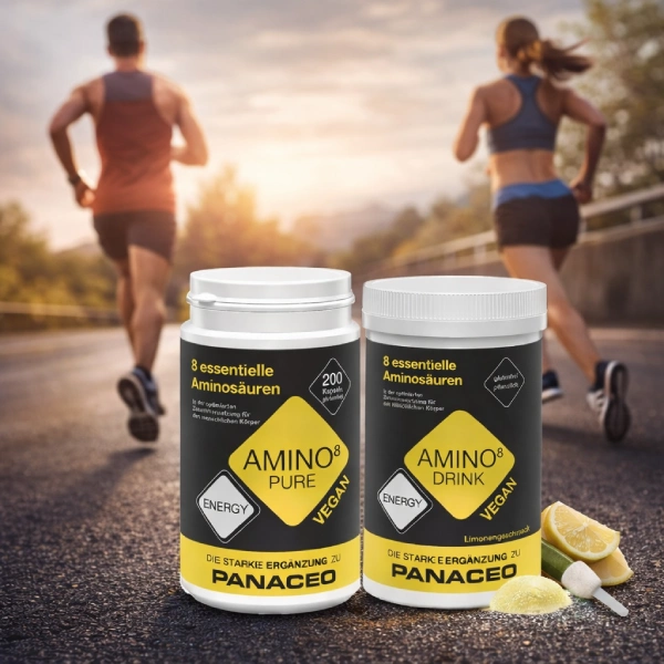 Essentielle Aminosäuren von PANACEO für mehr Leistung und schnellere Regeneration im Sport PANACEO Amino Drink und Amino Pure vor sportlichem Hintergrund zur Unterstützung von Muskelaufbau, Regeneration und Leistungsfähigkeit