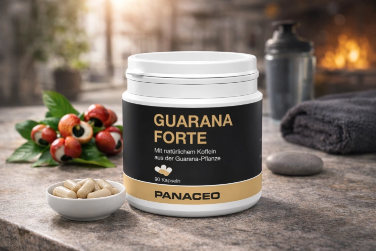 Dose mit Guarana-Kapseln auf Steinoberfläche neben Guarana-Früchten, Schale mit Kapseln und Shaker in sportlicher Umgebung