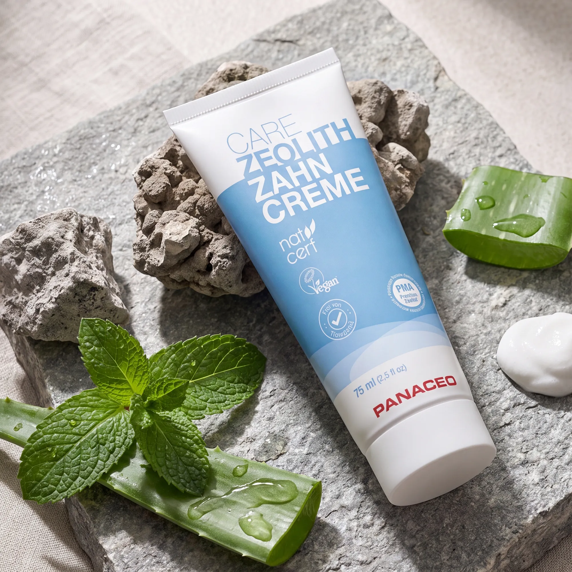 PANACEO Care zeolite toothpaste 75 ml on stone with aloe vera, mint and toothpaste cream – natural fluoride-free toothpaste with PMA zeolite, vegan and without titanium dioxide