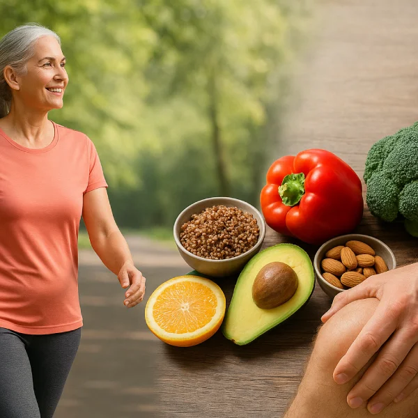 Bewegung und ausgewogene Ernährung unterstützen die Gelenke und fördern einen gesunden Lebensstil. Ältere Frau spaziert lachend im Park, daneben gesunde Lebensmittel wie Avocado, Orange, Paprika, Brokkoli, Mandeln und Quinoa als Symbol für Gelenkgesundheit.
