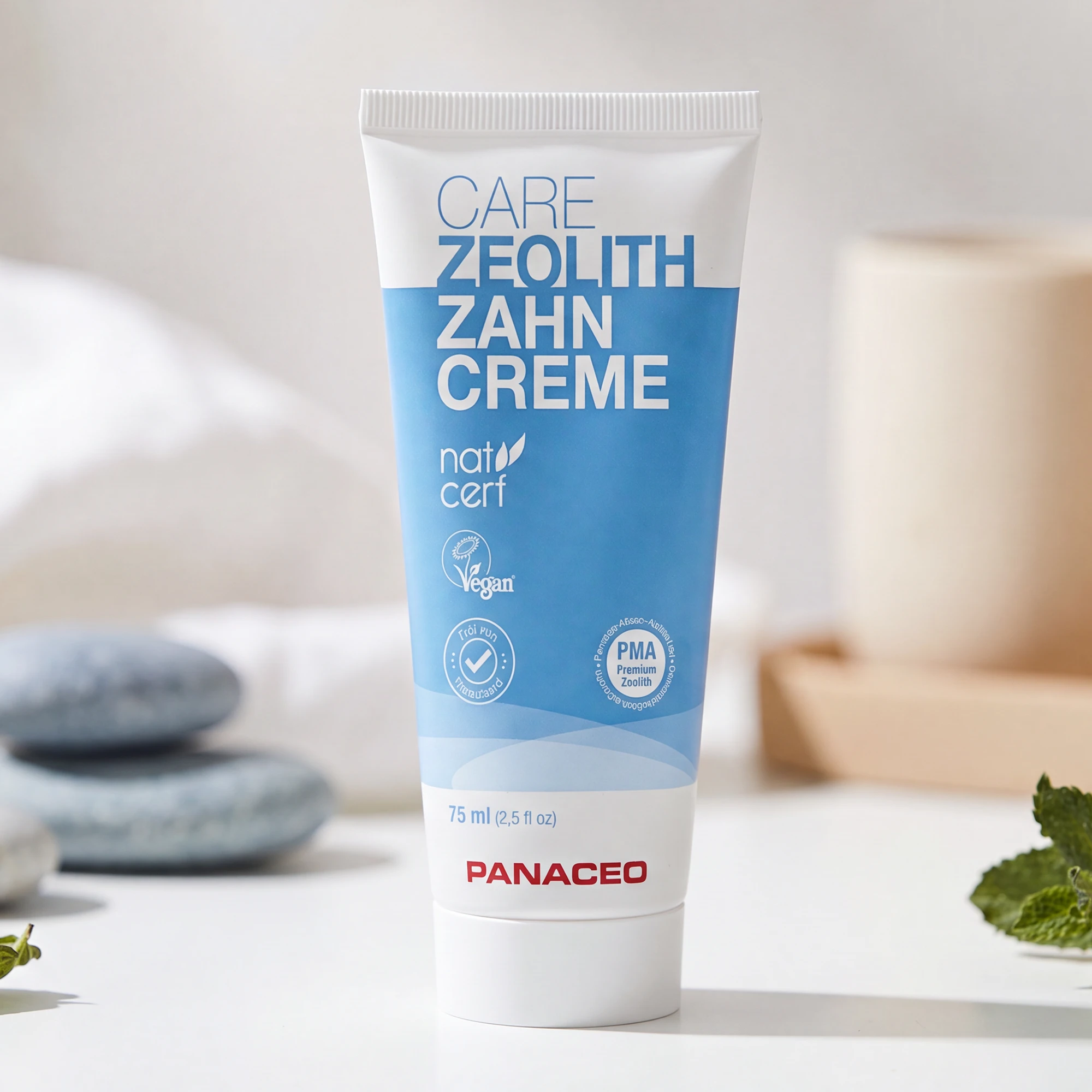 PANACEO Care Zeolite Toothpaste 75 ml – natural periodontal toothpaste with PMA zeolite Product image of PANACEO Care Zeolite Toothpaste 75 ml, natural fluoride-free toothpaste with PMA zeolite, organic mint oil and aloe vera, vegan and titanium dioxide free