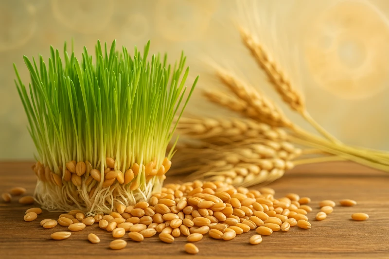 Nahaufnahme von frischen Weizenkeimlingen mit Getreideähren – natürliche Spermidin-Quelle