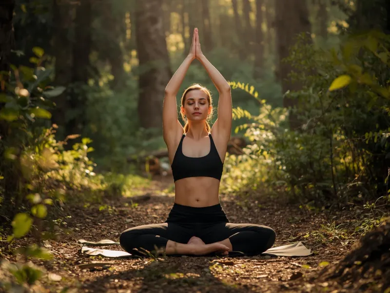 Frau praktiziert Yoga im Wald als natürliche Unterstützung für den Bewegungsapparat