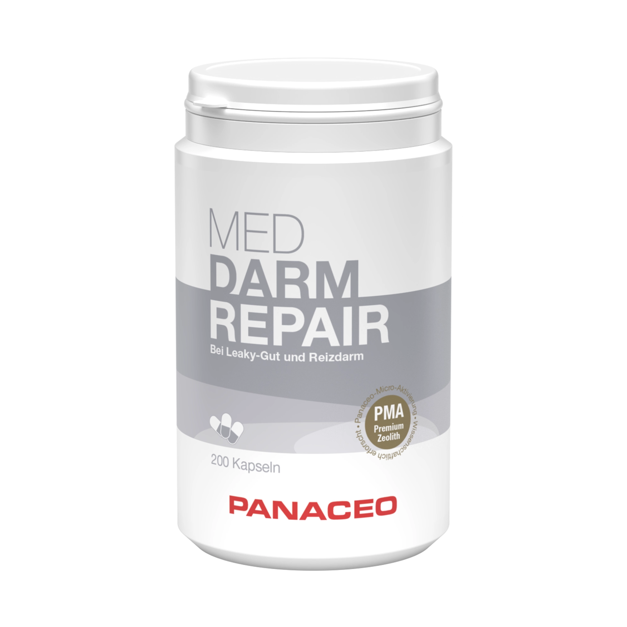 PANACEO MED DARM REPAIR Kapseln 200 Stk. – Produktdose Weiße Produktdose PANACEO MED DARM REPAIR Kapseln 200 Stk. zur Unterstützung bei Leaky-Gut und Reizdarm