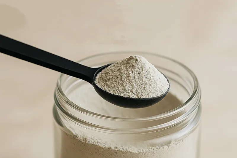 Using PMA-Zeolite: Powder dosage for safe and effective intake Jar with fine zeolite powder and a black spoon, illustrating the proper use of PMA-zeolite