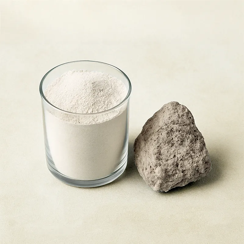 Glas mit PMA-Zeolith-Pulver neben einem natürlichen Zeolith-Stein auf hellem Hintergrund