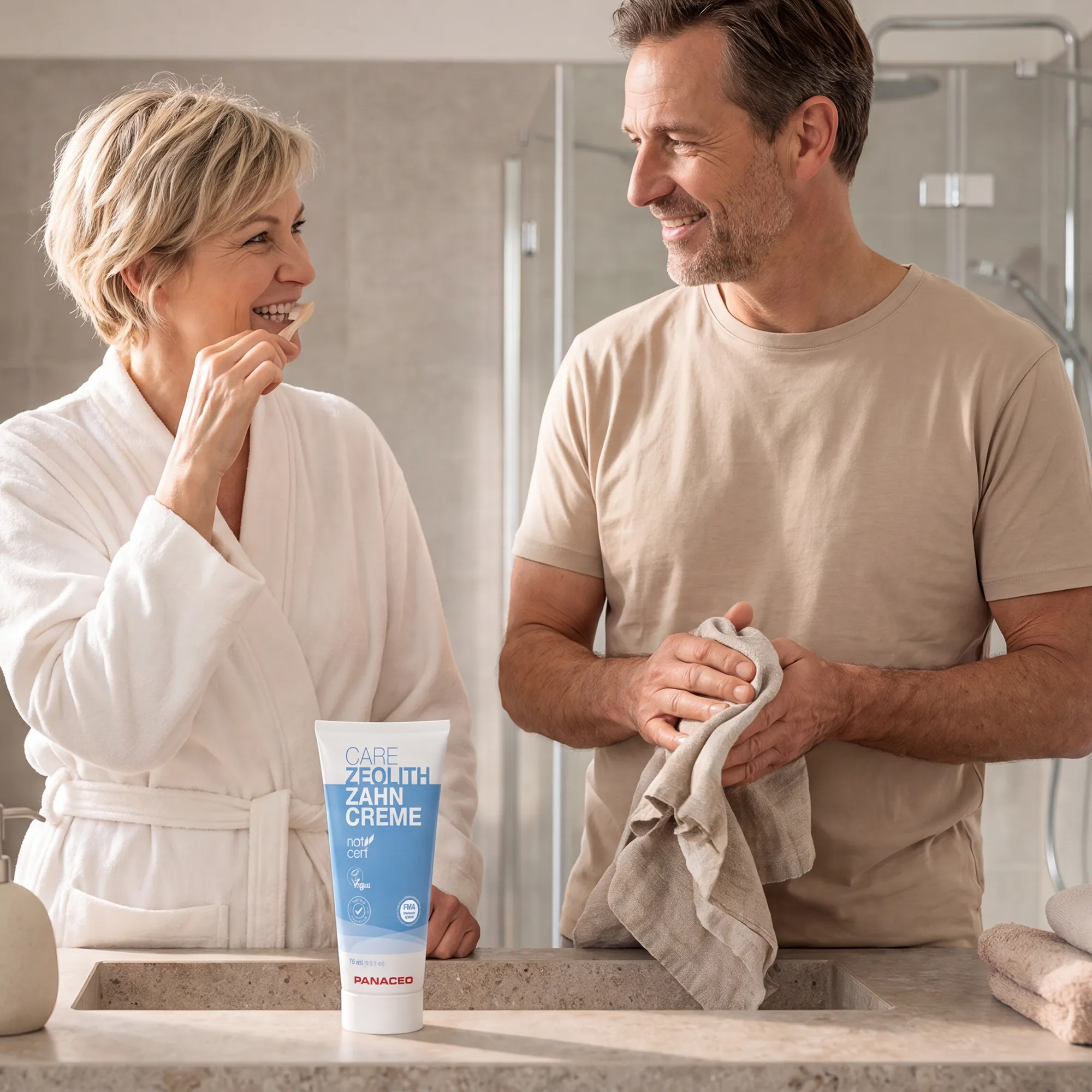 Woman brushing her teeth in the bathroom next to PANACEO Care Zeolite Toothpaste 75 ml – natural fluoride-free toothpaste with PMA zeolite, organic mint oil and aloe vera for fresh breath and sensitive gums