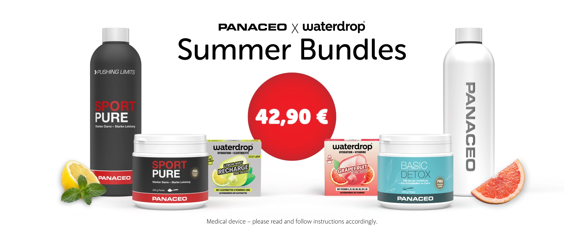 Promotional image for PANACEO x waterdrop Summer Bundles with Sport Pure, Basic Detox, two bottles and waterdrop Lemon-Mint Recharge and Grapefruit microdrinks for €42.90