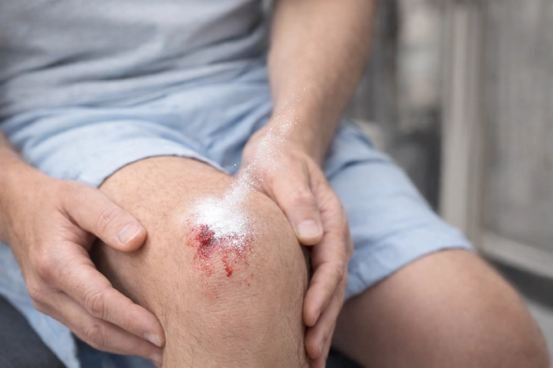 Zeolith-Wundpuder wird auf eine gereizte Hautstelle aufgetragen – natürliche Pflege mit PANACEO CARE. Anwendung von Zeolith-Wundpuder auf einer gereizten Hautstelle zur natürlichen Pflege und Unterstützung der Regeneration.