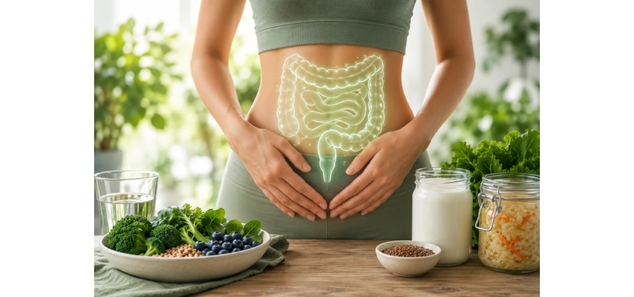 Frau hält den Bauch, darüber eine leuchtende Darmgrafik; davor probiotische und ballaststoffreiche Lebensmittel wie Joghurt, Sauerkraut, Brokkoli und Beeren