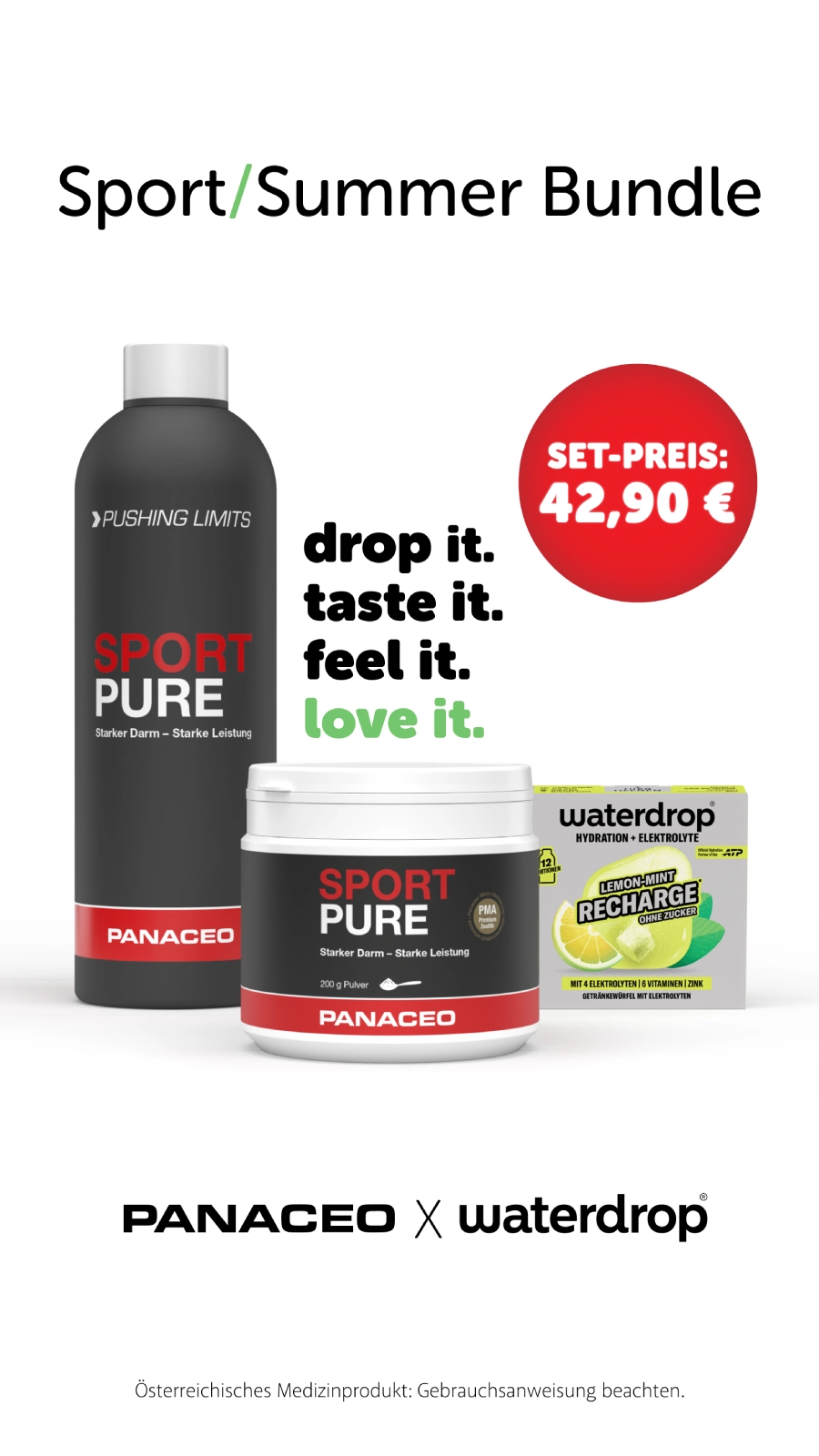 PANACEO x waterdrop Sport/Summer Bundle mit SPORT PURE Trinkflasche, Pulver und Lemon-Mint RECHARGE zum Set-Preis Produktbild des PANACEO x waterdrop Sport/Summer Bundle mit SPORT PURE Flasche, SPORT PURE Pulver und Lemon-Mint RECHARGE Elektrolyt-Würfeln