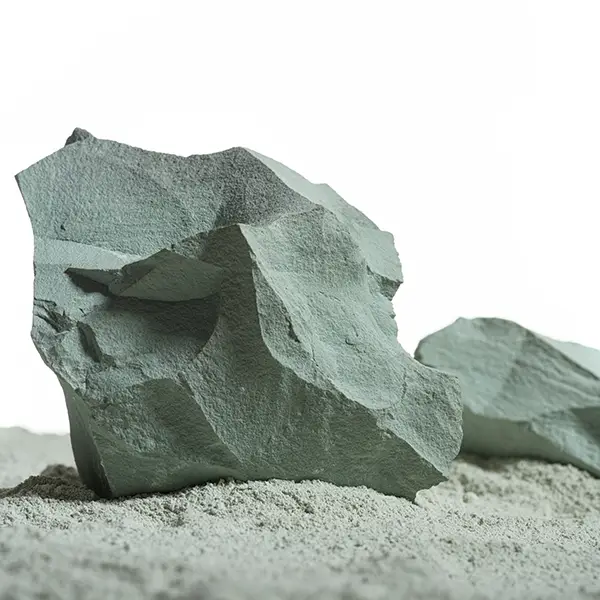 Rohes Zeolith-Gestein: Ursprung eines natürlichen Vulkanminerals Naturbelassene grünlich-graue Zeolith-Steine auf feinem Gesteinsmehl, symbolisieren vulkanischen Ursprung