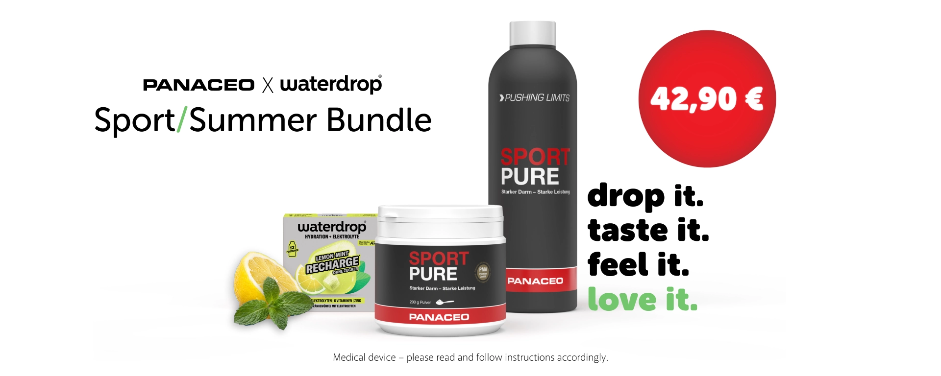 PANACEO x waterdrop Sport/Summer Bundle with Sport Pure powder, water bottle and Recharge Lemon-Mint for €42.90 Promotional image of the PANACEO x waterdrop Sport/Summer Bundle with Sport Pure powder, black water bottle, Recharge Lemon-Mint and price €42.90
